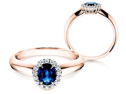 Engagement ring Windsor in 14K rosé gold with sapphire 0.60ct and diamonds 0.12ct