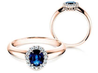 Engagement ring Windsor in 14K rosé gold with sapphire 0.60ct and diamonds 0.12ct