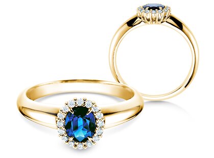 Engagement ring Windsor in 14K yellow gold with sapphire 0.60ct and diamonds 0.12ct