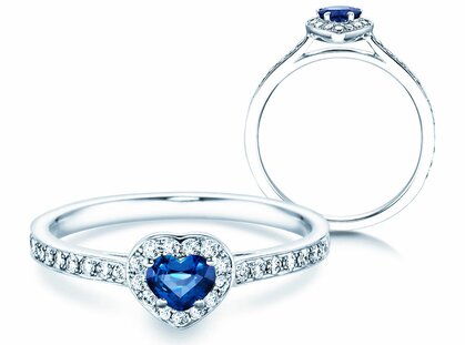 Engagement ring Heart Saphir in 14K white gold with sapphire 0.25ct and diamonds 0.34ct