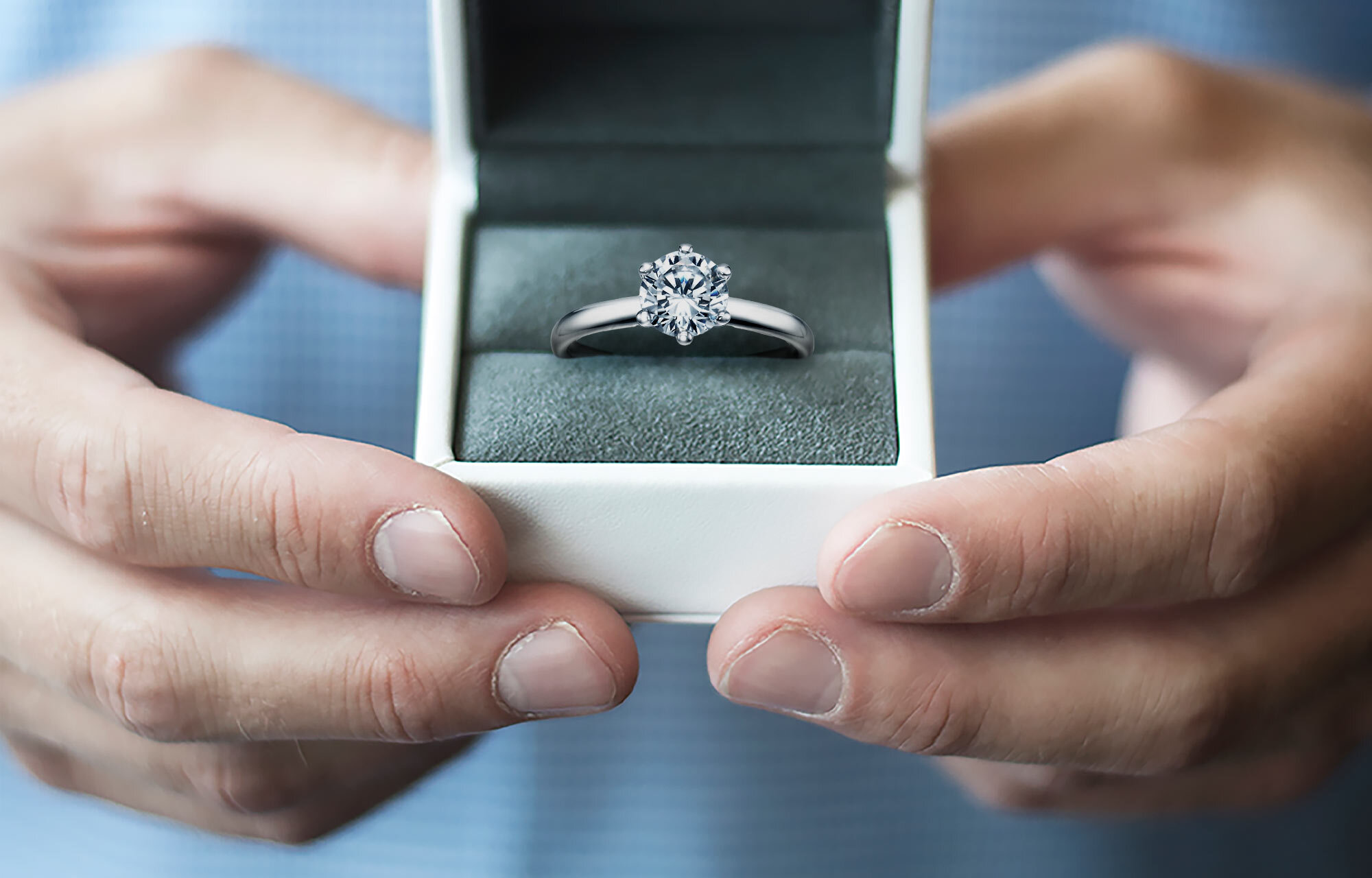 Engagement ring, tradition, meaning and history. Engagement ring in high quality jewellery box.