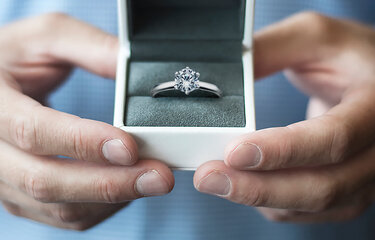 Engagement ring, tradition, meaning and history. Engagement ring in high quality jewellery box.