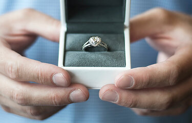 Engagement ring, tradition, meaning and history. Engagement ring in high quality jewellery box.