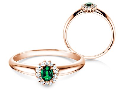 Engagement ring Jolie in 9K rosé gold with emerald 0.25ct and diamonds 0.06ct