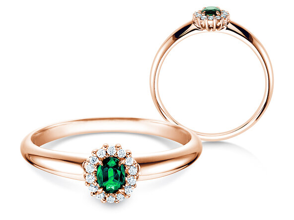 Engagement ring Jolie in 18K rosé gold with emerald 0.25ct and diamonds 0.06ct