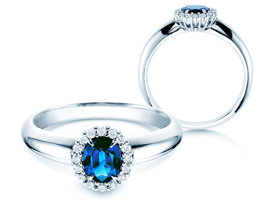 Engagement ring Windsor in 9K white gold with sapphire 0.60ct and diamonds 0.12ct