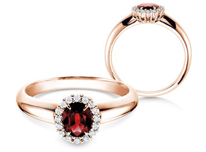 Engagement ring Windsor in 14K rosé gold with ruby 0.60ct and diamonds 0.12ct