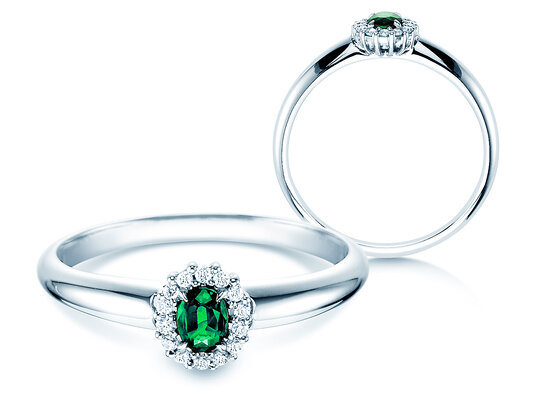Engagement ring Jolie in 9K white gold with emerald 0.25ct and diamonds 0.06ct