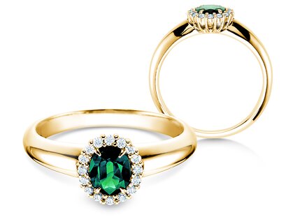 Engagement ring Windsor in 14K yellow gold with emerald 0.60ct and diamonds 0.12ct
