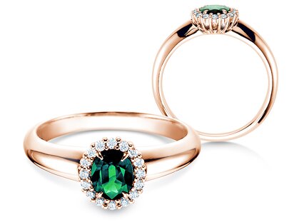 Engagement ring Windsor in 18K rosé gold with emerald 0.60ct and diamonds 0.12ct