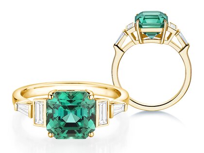 Engagement ring Aureline in 14K yellow gold with green tourmaline 3.00ct and natural diamonds 0.48ct