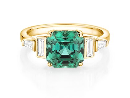 Engagement ring Aureline in 14K yellow gold with green tourmaline 3.00ct and natural diamonds 0.48ct