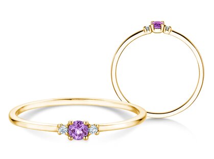 Birthstone ring Vivid Petite February in 9K yellow gold with amethyst 0.07ct and diamonds 0.02ct