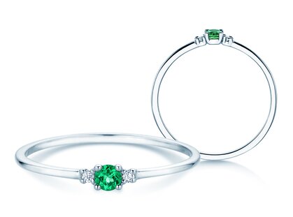 Birthstone ring Vivid Petite May in 9K white gold with emerald 0.08ct and diamonds 0.02ct