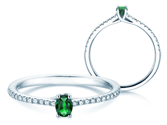 Birthstone Ring Birthstone ring Glow Pavé May in 9K white gold with emerald 0.25ct and diamonds 0.09ct