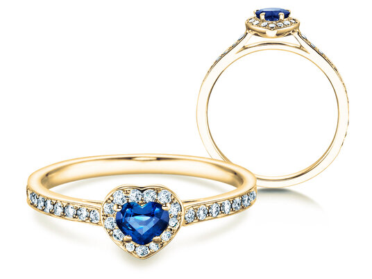 Engagement ring Heart Saphir in 9K yellow gold with sapphire 0.25ct and diamonds 0.34ct