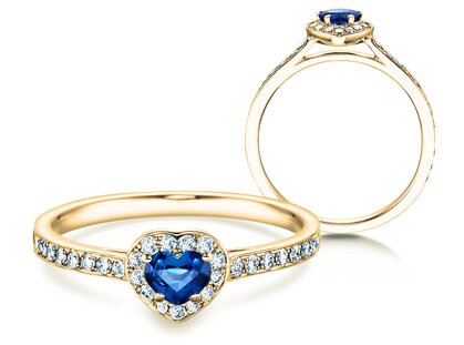 Engagement ring Heart Saphir in 14K yellow gold with sapphire 0.25ct and diamonds 0.34ct