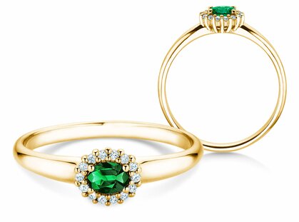 Engagement ring Jolie Cross in 14K yellow gold with emerald 0.25ct and diamonds 0.06ct