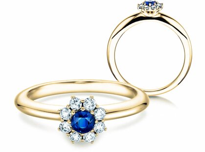 Engagement ring Lovely in 14K yellow gold with sapphire 0.10ct and diamonds 0.15ct