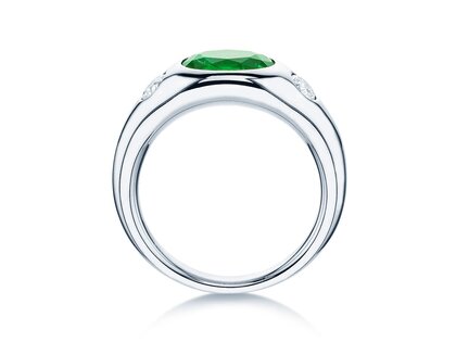 Engagement ring Three-Stone Signet in 9K white gold with emerald 1.35ct and natural diamonds 0.30ct