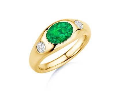 Engagement ring Three-Stone Signet in 14K yellow gold with emerald 1.35ct and natural diamonds 0.30ct