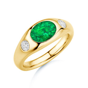 Engagement ring Three-Stone Signet in 14K yellow gold with emerald 1.35ct and natural diamonds 0.30ct