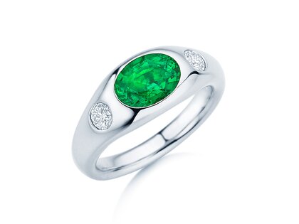 Engagement ring Three-Stone Signet in 9K white gold with emerald 1.35ct and natural diamonds 0.30ct