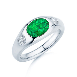 Engagement ring Three-Stone Signet in 9K white gold with emerald 1.35ct and natural diamonds 0.30ct