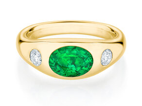 Engagement ring Three-Stone Signet in 14K yellow gold with emerald 1.35ct and natural diamonds 0.30ct