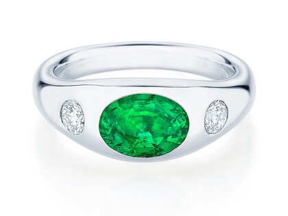 Engagement ring Three-Stone Signet in 9K white gold with emerald 1.35ct and natural diamonds 0.30ct
