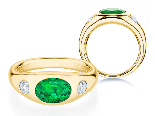 Engagement ring Three-Stone Signet in 14K yellow gold with emerald 1.35ct and natural diamonds 0.30ct