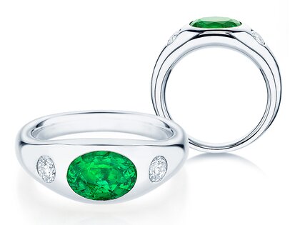 Engagement ring Three-Stone Signet in 9K white gold with emerald 1.35ct and natural diamonds 0.30ct
