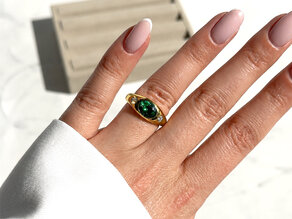 Engagement ring Three-Stone Signet in 9K white gold with emerald 1.35ct and natural diamonds 0.30ct