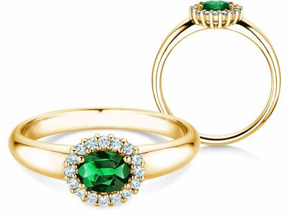 Engagement ring Windsor Cross in 18K yellow gold with emerald 0.60ct and diamonds 0.12ct