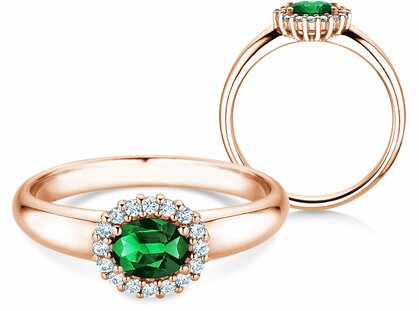 Engagement ring Windsor Cross in 14K rosé gold with emerald 0.60ct and diamonds 0.12ct