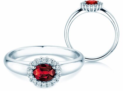 Engagement ring Windsor Cross in 14K white gold with ruby 0.60ct and diamonds 0.12ct