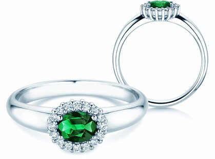 Engagement ring Windsor Cross in 14K white gold with emerald 0.60ct and diamonds 0.12ct