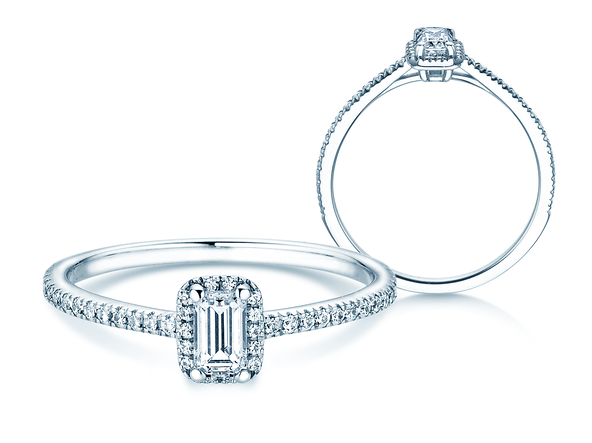 Engagement ring Emerald Halo Pavé in 14K white gold with diamonds 0.75ct G/VS