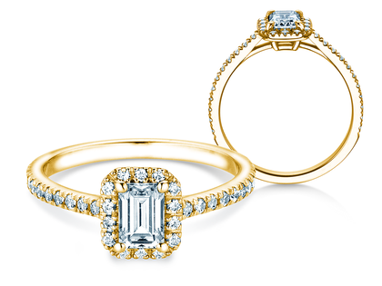 Engagement ring Emerald Halo Pavé in 9K yellow gold with lab-grown diamonds 2.02ct E/VS
