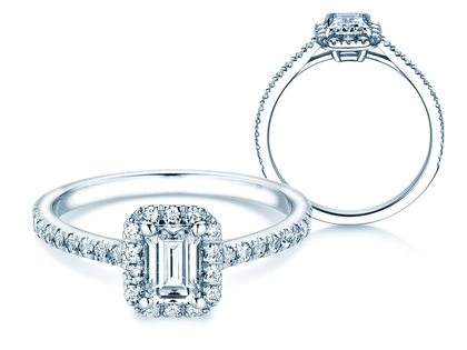 Engagement ring Emerald Halo Pavé in 9K white gold with lab-grown diamonds 2.02ct E/VS