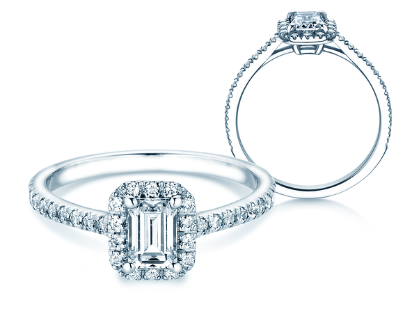 Engagement ring Emerald Halo Pavé in 9K white gold with lab-grown diamonds 2.02ct E/VS