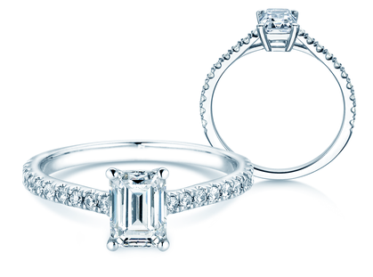 Engagement ring Emerald Pavé in 18K white gold with diamonds 0.94ct G/VS