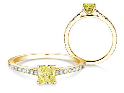 Engagement ring Fancy Yellow Cushion Pavé in 14K yellow gold with diamonds 0.77ct G/SI