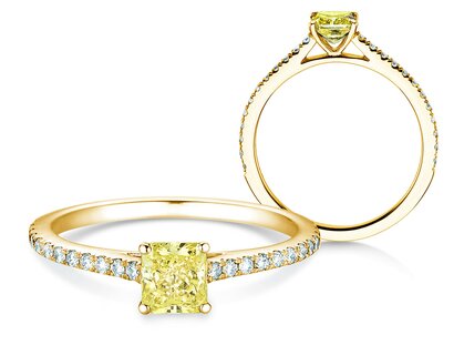Engagement ring Fancy Yellow Cushion Pavé in 14K yellow gold with diamonds 0.77ct G/SI