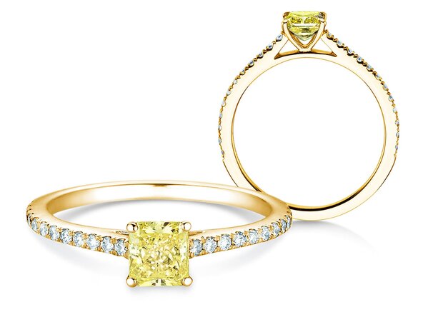 Engagement ring Fancy Yellow Cushion Pavé in 14K yellow gold with diamonds 0.77ct G/SI