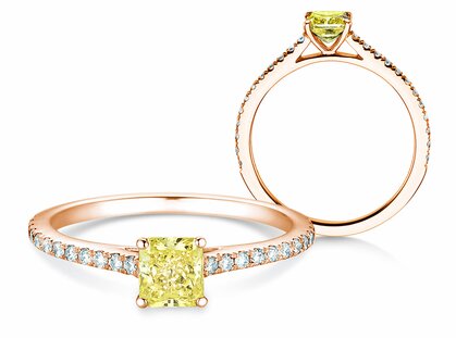 Engagement ring Fancy Yellow Cushion Pavé in 14K rosé gold with diamonds 0.77ct G/SI