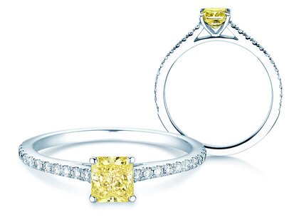 Engagement ring Fancy Yellow Cushion Pavé in 14K white gold with diamonds 0.77ct G/SI