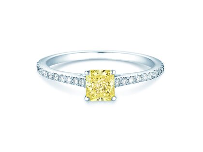 Engagement ring Fancy Yellow Cushion Pavé in 14K white gold with diamonds 0.77ct G/SI