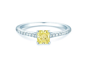 Engagement ring Fancy Yellow Cushion Pavé in 14K white gold with diamonds 0.77ct G/SI