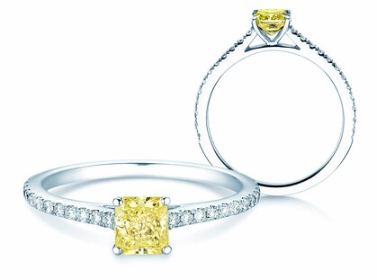 Engagement ring Fancy Yellow Cushion Pavé in platinum 950/- with diamonds 0.77ct G/SI